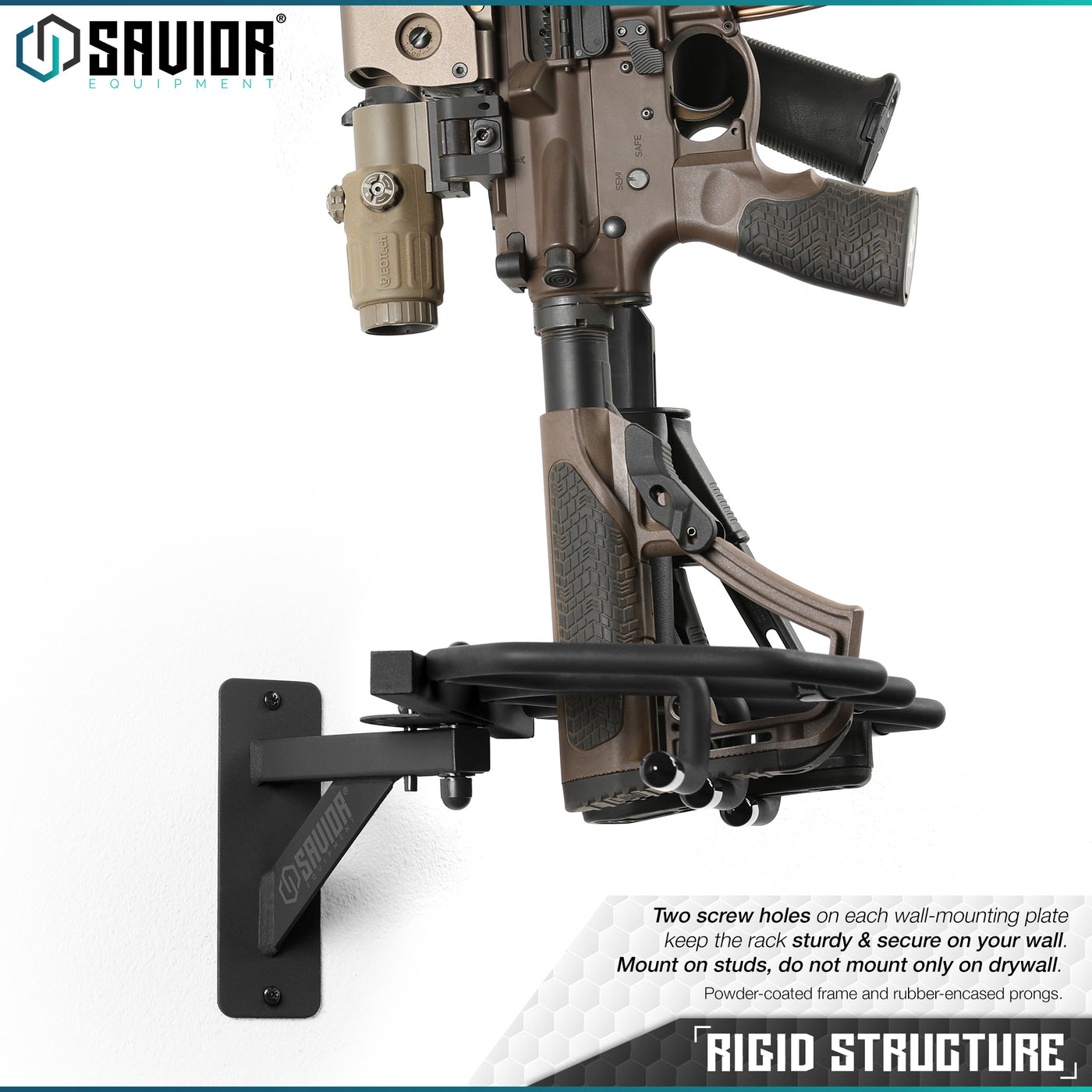 Rigid Structure - Two screw holes on each wall-mounting plate keep the rack sturdy & secure on your wall.Mount on studs, do not mount only on drywall. Powder-coated frame and ruuber-encased prongs.