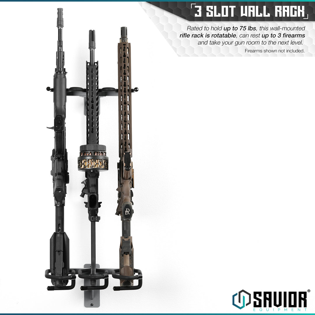 3-Slot Wall Rack - Rated to hold up to 75 lbs, this wall-mounted rifle rack is rotatable, can rest up to 3 firearms and take your gun room to the next level. Firearms shown not included.#color_sw-gray