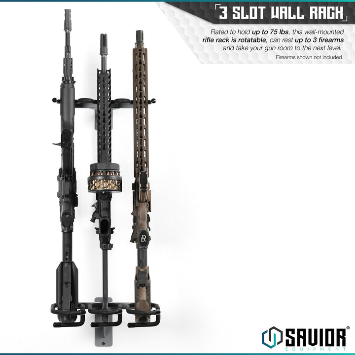 3-Slot Wall Rack - Rated to hold up to 75 lbs, this wall-mounted rifle rack is rotatable, can rest up to 3 firearms and take your gun room to the next level. Firearms shown not included.#color_sw-gray