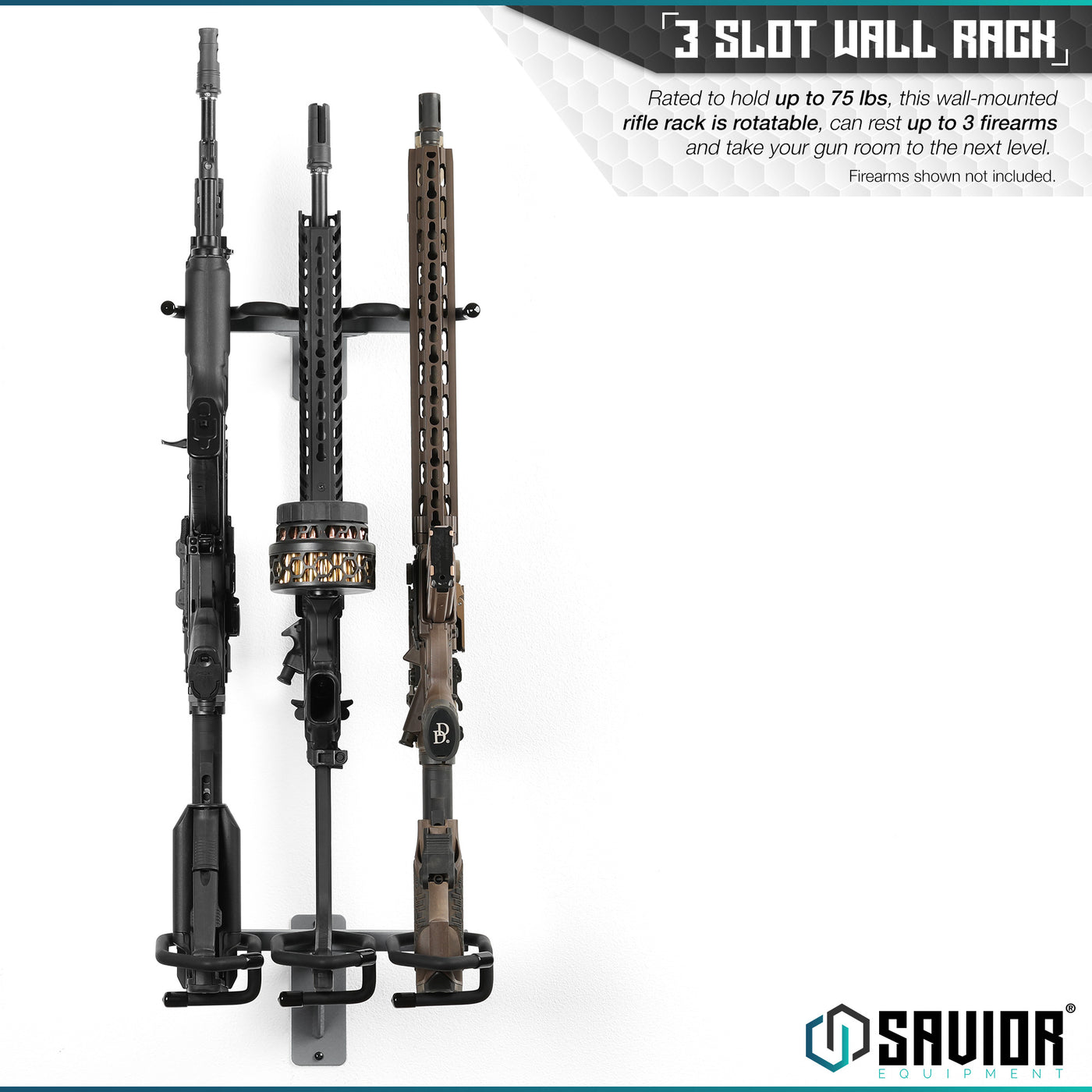 3-Slot Wall Rack - Rated to hold up to 75 lbs, this wall-mounted rifle rack is rotatable, can rest up to 3 firearms and take your gun room to the next level. Firearms shown not included.