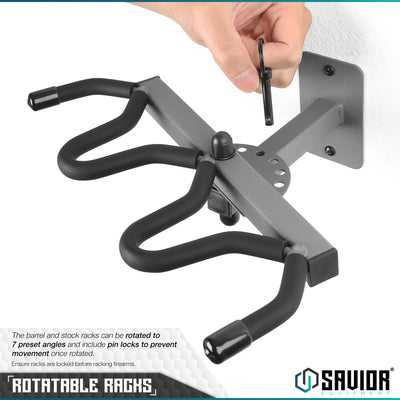 Rotatable Racks - The barrel and stock racks can be rotated to 7 preset angles and include pin locks to prevent movement once rotated. Ensure racks are locked before racking firearms.