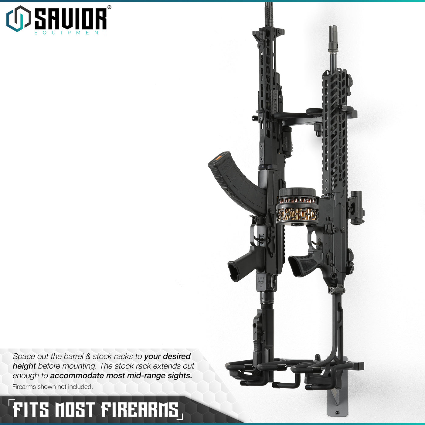 Fits most Firearms - Space out the barrel & stock racks to your desired height before mounting. The stock rack extends out enough to accommodate most mid-range sights. Firearms shown not included.#color_sw-gray