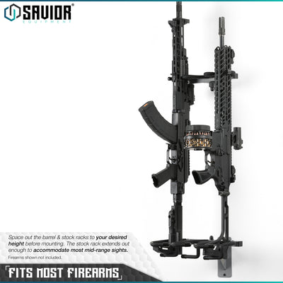 Fits most Firearms - Space out the barrel & stock racks to your desired height before mounting. The stock rack extends out enough to accommodate most mid-range sights. Firearms shown not included.#color_sw-gray