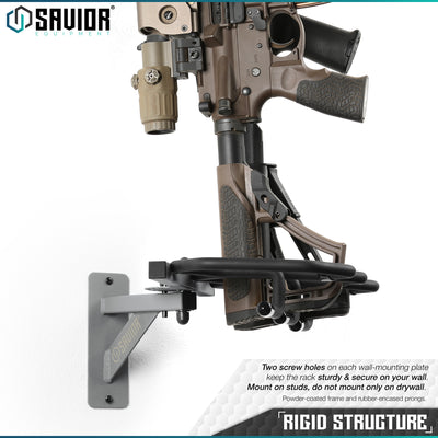 Rigid Structure - Two screw holes on each wall-mounting plate keep the rack sturdy & secure on your wall.Mount on studs, do not mount only on drywall. Powder-coated frame and ruuber-encased prongs.