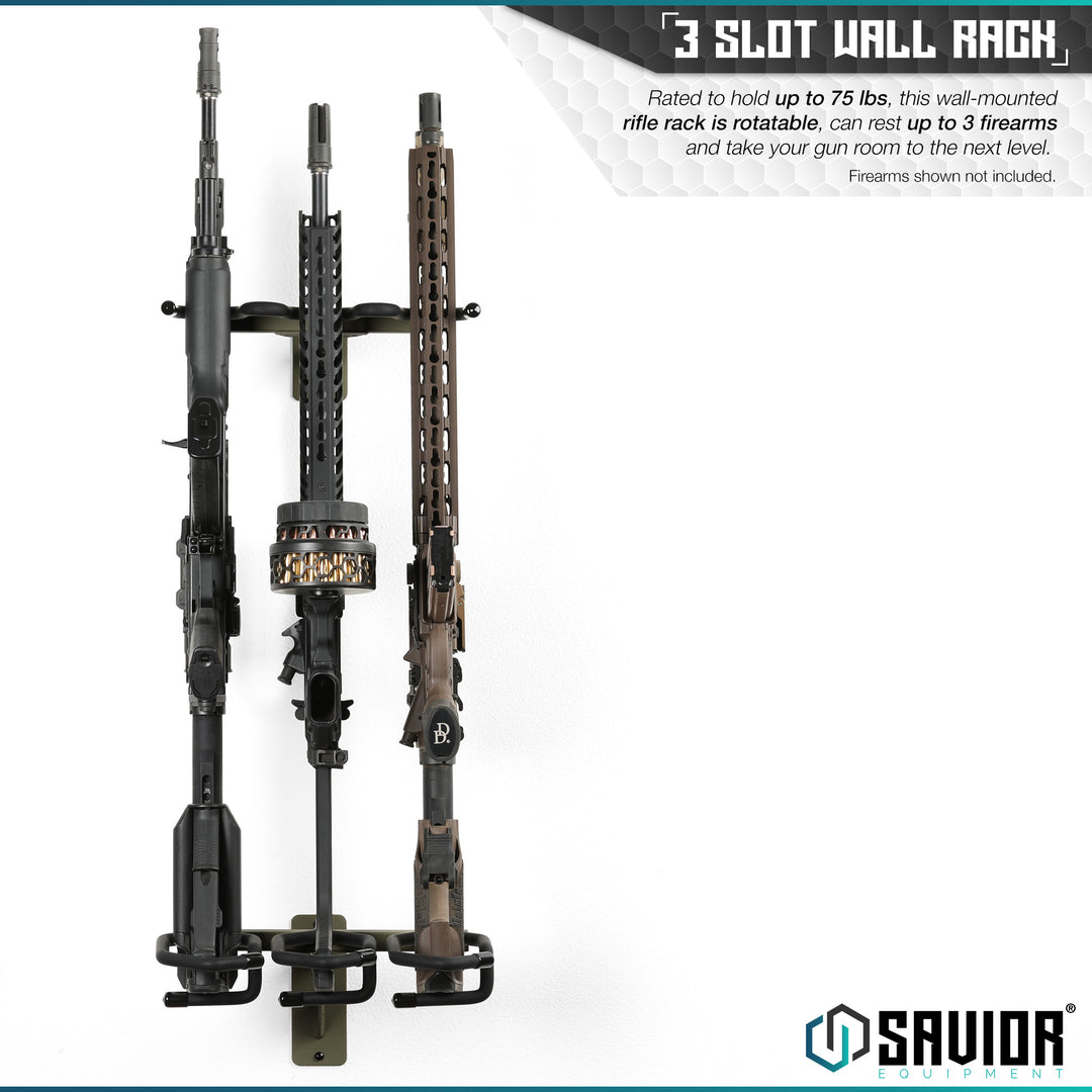 3-Slot Wall Rack - Rated to hold up to 75 lbs, this wall-mounted rifle rack is rotatable, can rest up to 3 firearms and take your gun room to the next level. Firearms shown not included.#color_od-green
