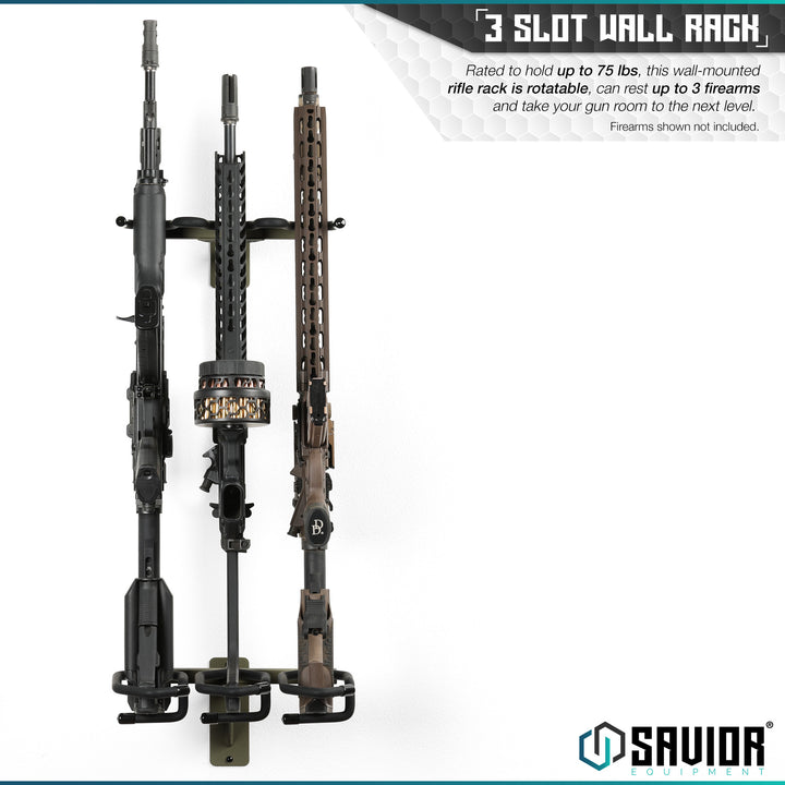 3-Slot Wall Rack - Rated to hold up to 75 lbs, this wall-mounted rifle rack is rotatable, can rest up to 3 firearms and take your gun room to the next level. Firearms shown not included.#color_od-green