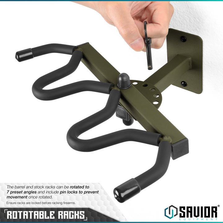 Rotatable Racks - The barrel and stock racks can be rotated to 7 preset angles and include pin locks to prevent movement once rotated. Ensure racks are locked before racking firearms.#color_od-green