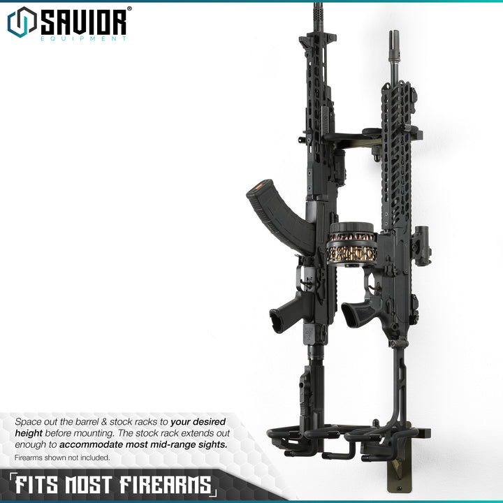 Fits most Firearms - Space out the barrel & stock racks to your desired height before mounting. The stock rack extends out enough to accommodate most mid-range sights. Firearms shown not included.#color_od-green