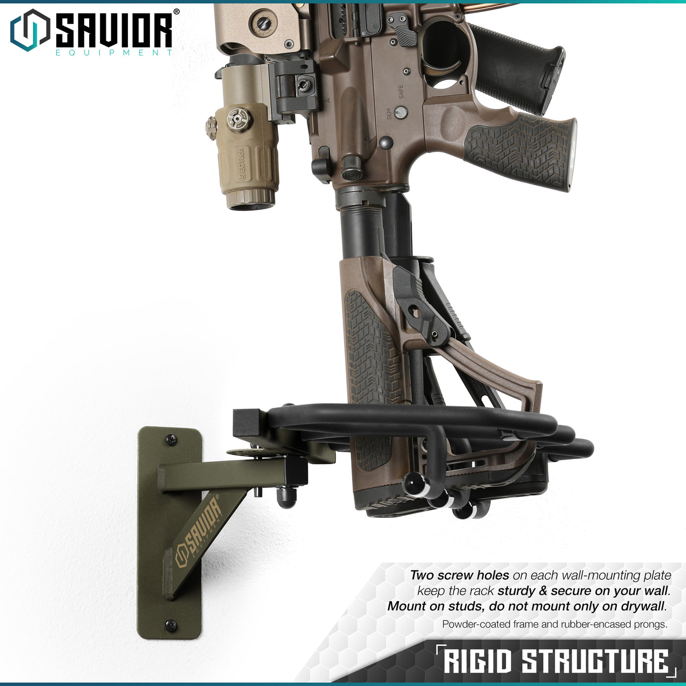 Rigid Structure - Two screw holes on each wall-mounting plate keep the rack sturdy & secure on your wall.Mount on studs, do not mount only on drywall. Powder-coated frame and ruuber-encased prongs.#color_od-green