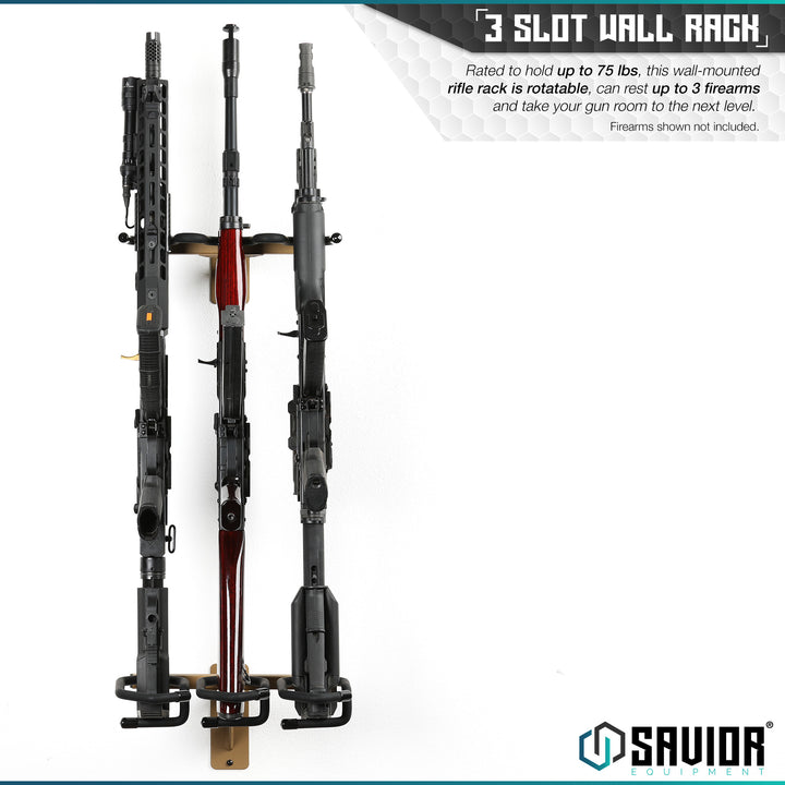 3-Slot Wall Rack - Rated to hold up to 75 lbs, this wall-mounted rifle rack is rotatable, can rest up to 3 firearms and take your gun room to the next level. Firearms shown not included.#color_ral-8000-tan