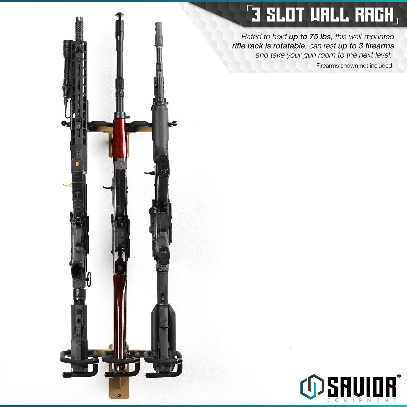 3-Slot Wall Rack - Rated to hold up to 75 lbs, this wall-mounted rifle rack is rotatable, can rest up to 3 firearms and take your gun room to the next level. Firearms shown not included.