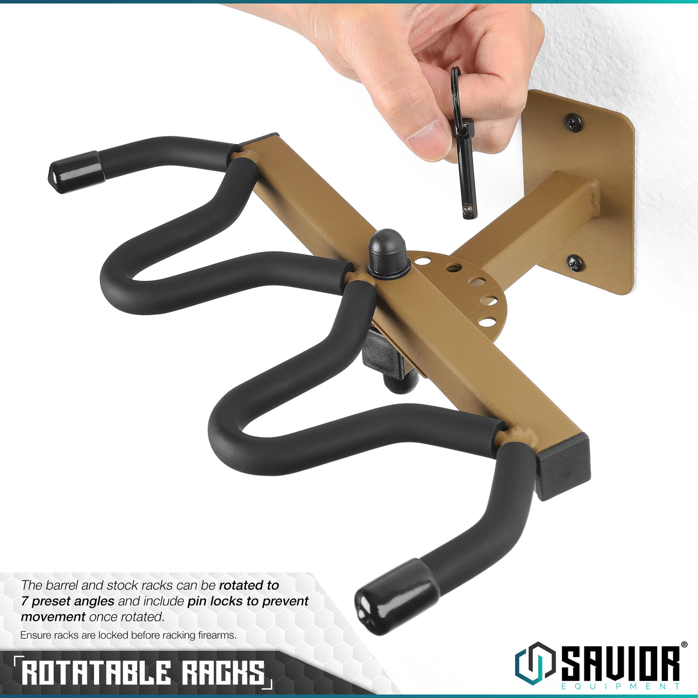 Rotatable Racks - The barrel and stock racks can be rotated to 7 preset angles and include pin locks to prevent movement once rotated. Ensure racks are locked before racking firearms.#color_ral-8000-tan