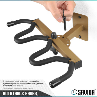 Rotatable Racks - The barrel and stock racks can be rotated to 7 preset angles and include pin locks to prevent movement once rotated. Ensure racks are locked before racking firearms.