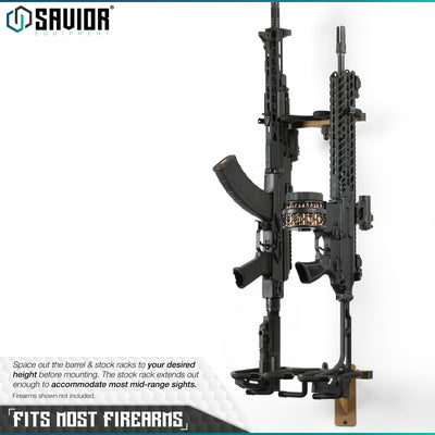 Fits most Firearms - Space out the barrel & stock racks to your desired height before mounting. The stock rack extends out enough to accommodate most mid-range sights. Firearms shown not included.#color_ral-8000-tan