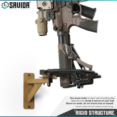 Rigid Structure - Two screw holes on each wall-mounting plate keep the rack sturdy & secure on your wall.Mount on studs, do not mount only on drywall. Powder-coated frame and ruuber-encased prongs.#color_ral-8000-tan