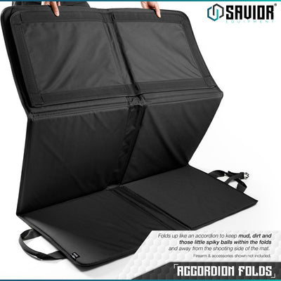 Accordion Folds - Folds up like an accordion to keep mud, dirt and those little spiky balls within the folds and away from the shooting side of the mat.#color_obsidian-black