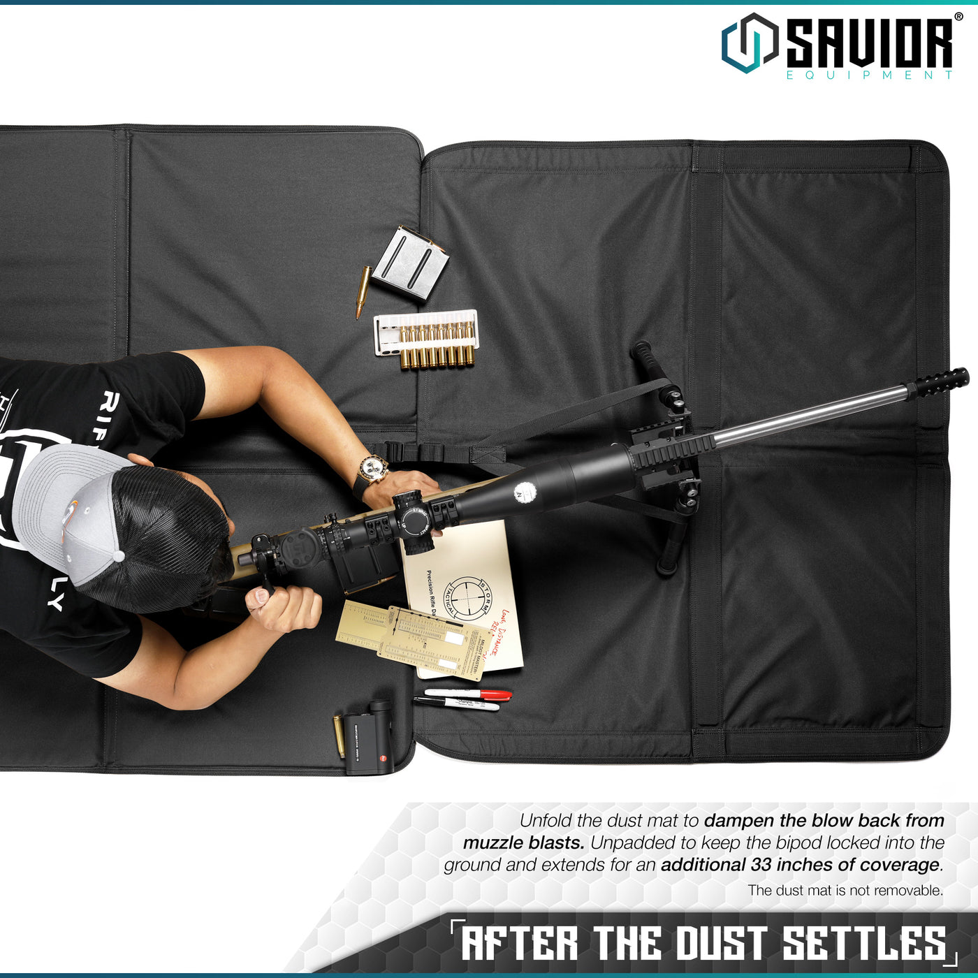 After the Dust Settles - Unfold the dust mat to dampen the blow back from muzzle blasts. Unpadded to keep the bipod locked into the ground and extends for an additional 33 inches of coverage.#color_obsidian-black