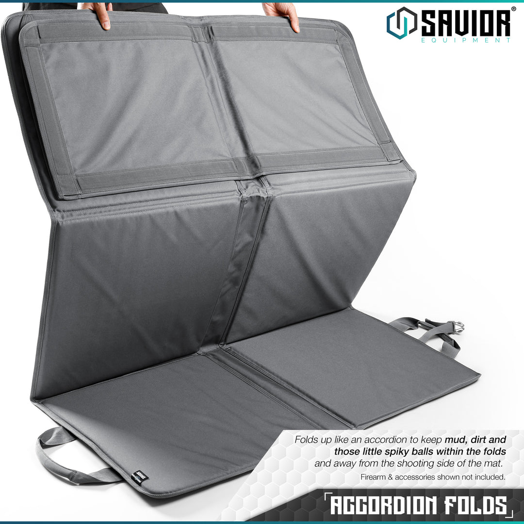 Accordion Folds - Folds up like an accordion to keep mud, dirt and those little spiky balls within the folds and away from the shooting side of the mat.#color_sw-gray