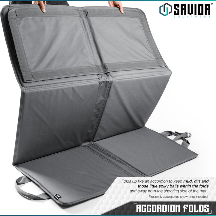 Accordion Folds - Folds up like an accordion to keep mud, dirt and those little spiky balls within the folds and away from the shooting side of the mat.#color_sw-gray
