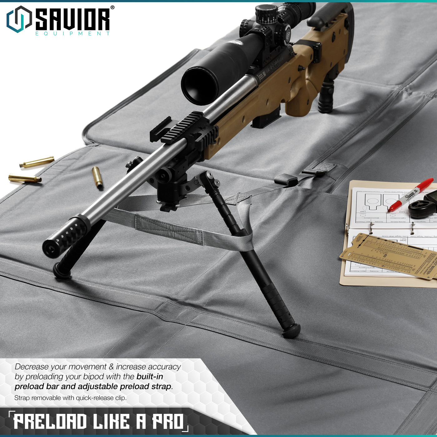 Preload Like a Pro - Decrease your movement & increase accuracy by preloading your bipod with the built-in preload bar and adjustable preload strap. Strap is removable with quick-release clip.