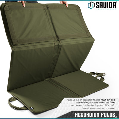 Accordion Folds - Folds up like an accordion to keep mud, dirt and those little spiky balls within the folds and away from the shooting side of the mat.#color_od-green