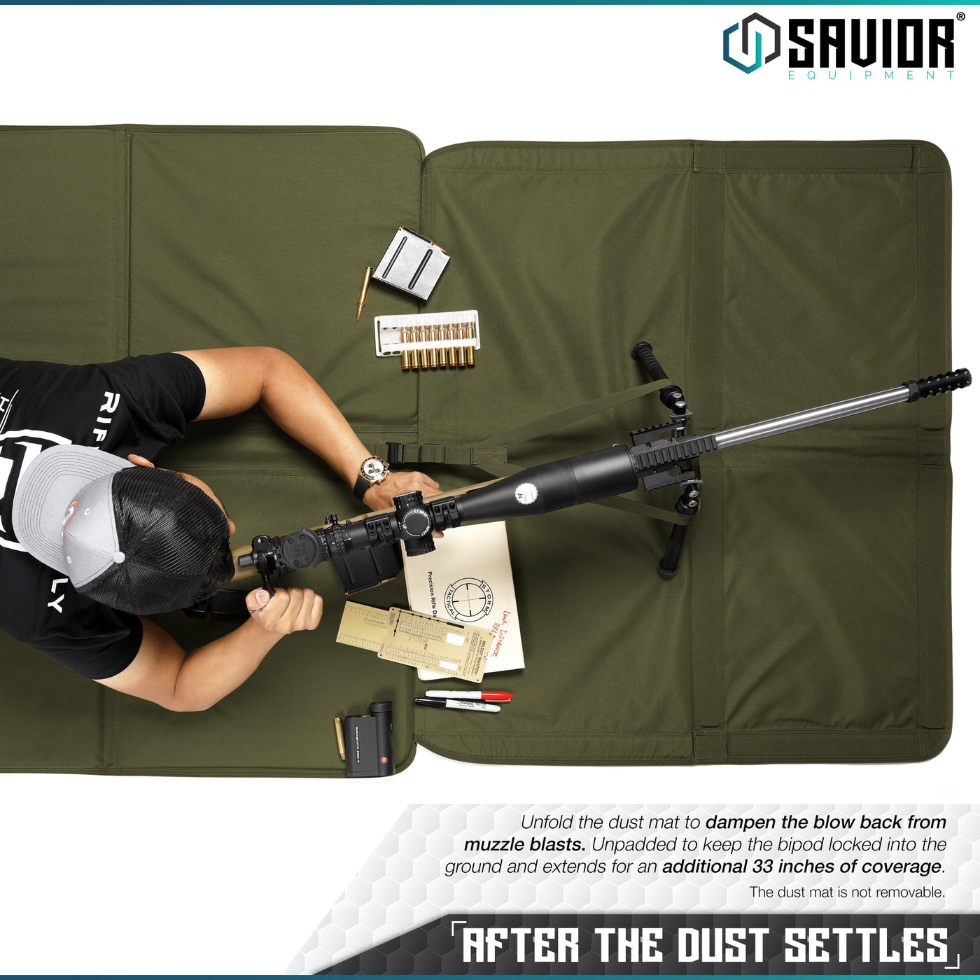 After the Dust Settles - Unfold the dust mat to dampen the blow back from muzzle blasts. Unpadded to keep the bipod locked into the ground and extends for an additional 33 inches of coverage.#color_od-green