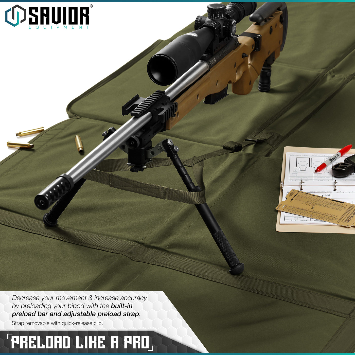 Preload Like a Pro - Decrease your movement & increase accuracy by preloading your bipod with the built-in preload bar and adjustable preload strap. Strap is removable with quick-release clip.