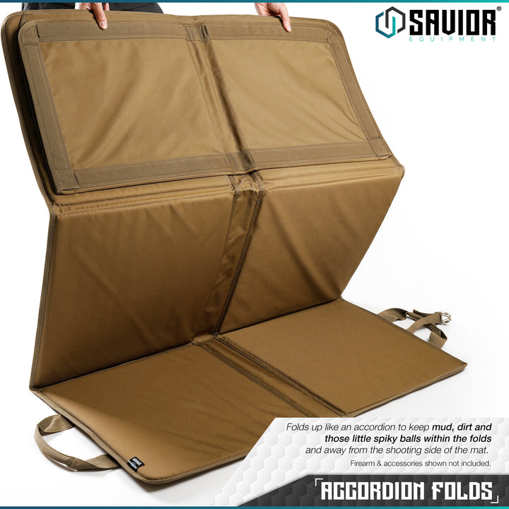 Accordion Folds - Folds up like an accordion to keep mud, dirt and those little spiky balls within the folds and away from the shooting side of the mat.#color_dark-fde