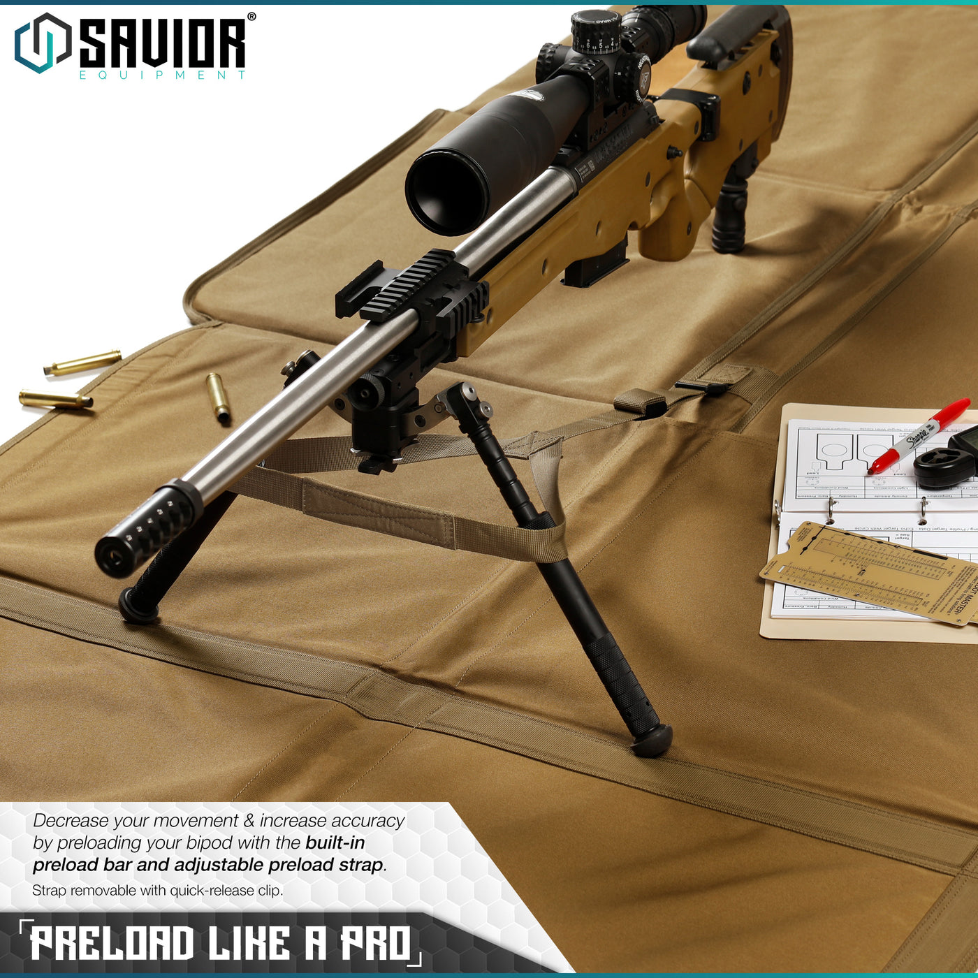 Preload Like a Pro - Decrease your movement & increase accuracy by preloading your bipod with the built-in preload bar and adjustable preload strap. Strap is removable with quick-release clip.
