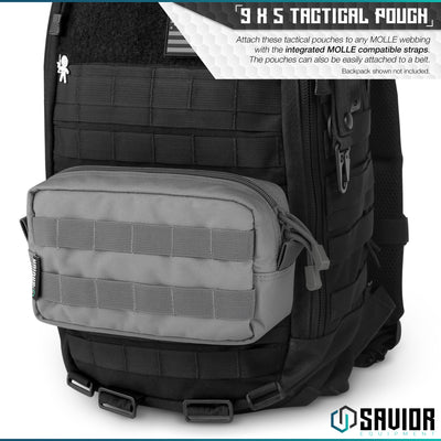 9 X 5 Tactical Pouch - Attach these tactical pouches to any MOLLE webbing with the integrated MOLLE compatible straps. The pouches can also be easily attached to a belt. Backpack shown not included.