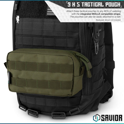 9 X 5 Tactical Pouch - Attach these tactical pouches to any MOLLE webbing with the integrated MOLLE compatible straps. The pouches can also be easily attached to a belt. Backpack shown not included.