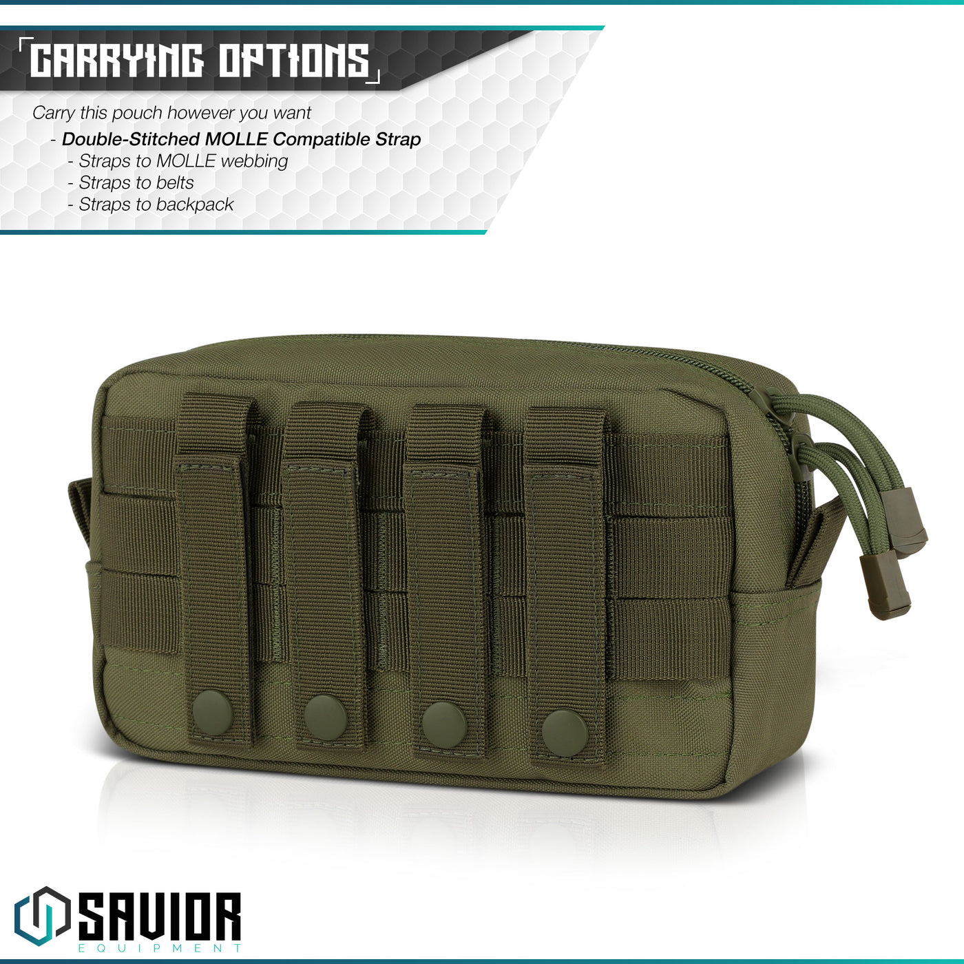 Multiple Carrying Options - Carry this pouch however you want. Double-Stitched MOLLE compatible strap.Straps to MOLLE webbing. Straps to belts. Straps to backpack.