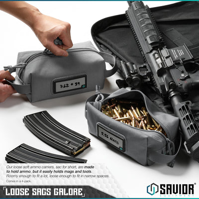 Loose Sacs Galore - Our loose soft ammo carriers, sac for short, are made to hold ammo, but it easily holds mags and tools. Roomy enough to fit a lot, loose enough to fit in narrow spaces. Comes in a 4-pack.