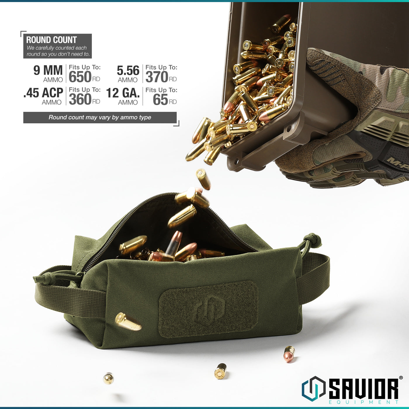 Round Count - We carefully counted each round so you don?€?t need to. 9MM fits up to 650 round. .45ACP fits up to 360 round. 5.56 fits up to 370 round. 12 Ga. fits up to 65 round. **Round count may vary by ammo type**