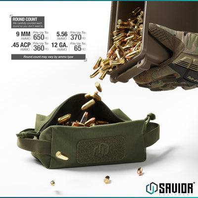 Round Count - We carefully counted each round so you don?€?t need to. 9MM fits up to 650 round. .45ACP fits up to 360 round. 5.56 fits up to 370 round. 12 Ga. fits up to 65 round. **Round count may vary by ammo type**
