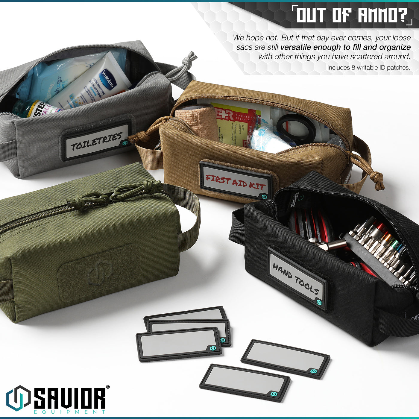 Out of Ammo? - We hope not. But if that day ever comes, your loose sacs are still versatile enough to fill and organize with other things you have scattered around. Includes 8 writable ID patches.