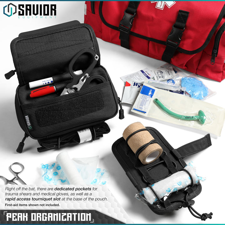 Peak Organization - Right off the bat, there are dedicated pockets for trauma shears and medical gloves, as well as a rapid access tourniquet slot at the base of the pouch. First-aid items shown not included.#color_obsidian-black