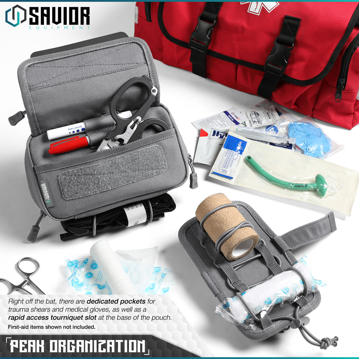 Peak Organization - Right off the bat, there are dedicated pockets for trauma shears and medical gloves, as well as a rapid access tourniquet slot at the base of the pouch. First-aid items shown not included.