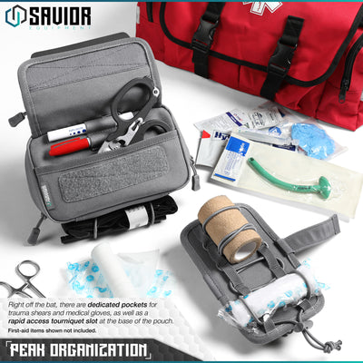 Peak Organization - Right off the bat, there are dedicated pockets for trauma shears and medical gloves, as well as a rapid access tourniquet slot at the base of the pouch. First-aid items shown not included.#color_sw-gray