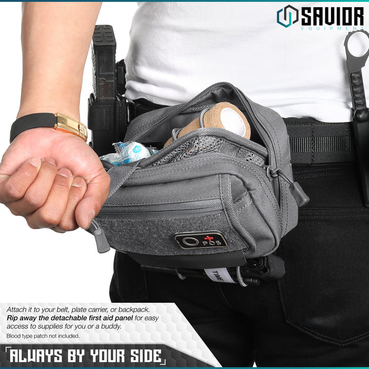 Always By Your Side - Attach it to your belt, plate carrier, or backpack. Rip away the detachable first aid panel for easy access to supplies for you or a buddy. Blood type patch not included.#color_sw-gray