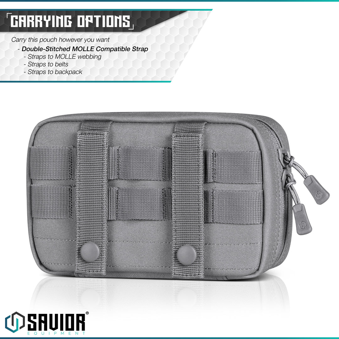 Multiple Carrying Options - Carry this pouch however you want. Double-Stitched MOLLE compatible strap.Straps to MOLLE webbing. Straps to belts. Straps to backpack.#color_sw-gray