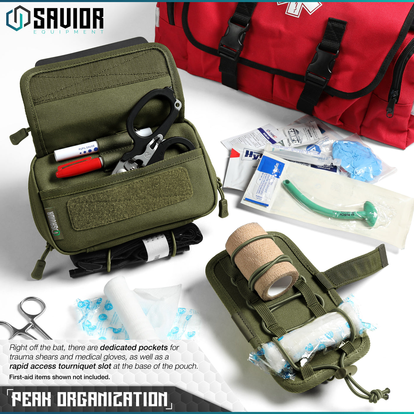 Peak Organization - Right off the bat, there are dedicated pockets for trauma shears and medical gloves, as well as a rapid access tourniquet slot at the base of the pouch. First-aid items shown not included.