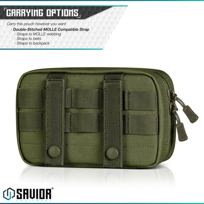 Multiple Carrying Options - Carry this pouch however you want. Double-Stitched MOLLE compatible strap.Straps to MOLLE webbing. Straps to belts. Straps to backpack.