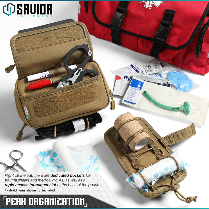 Peak Organization - Right off the bat, there are dedicated pockets for trauma shears and medical gloves, as well as a rapid access tourniquet slot at the base of the pouch. First-aid items shown not included.#color_dark-fde