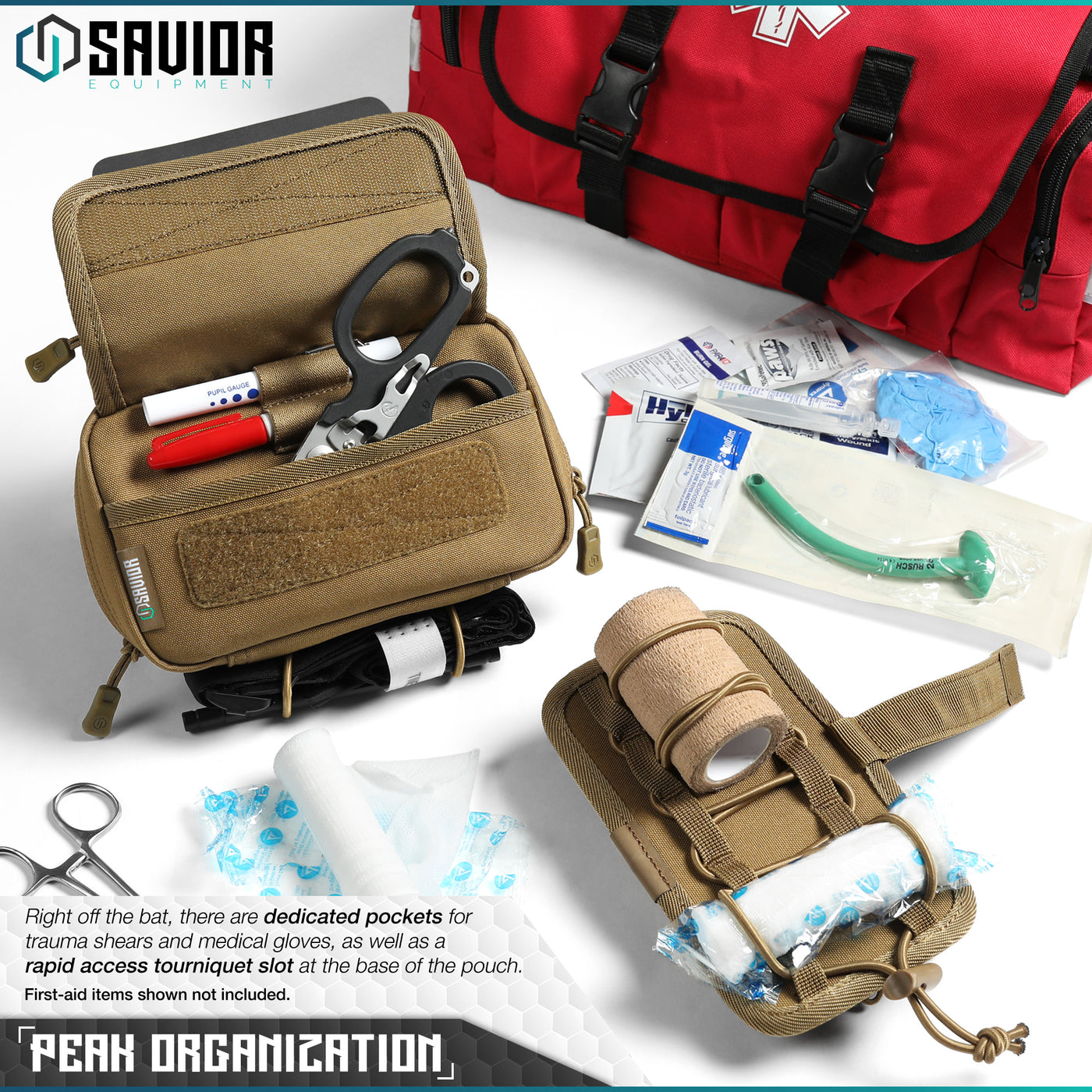 Peak Organization - Right off the bat, there are dedicated pockets for trauma shears and medical gloves, as well as a rapid access tourniquet slot at the base of the pouch. First-aid items shown not included.