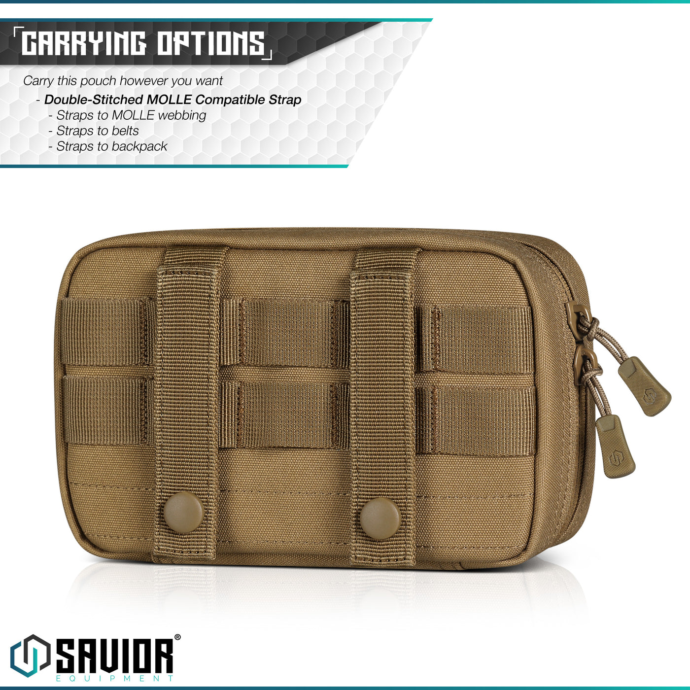 Multiple Carrying Options - Carry this pouch however you want. Double-Stitched MOLLE compatible strap.Straps to MOLLE webbing. Straps to belts. Straps to backpack.