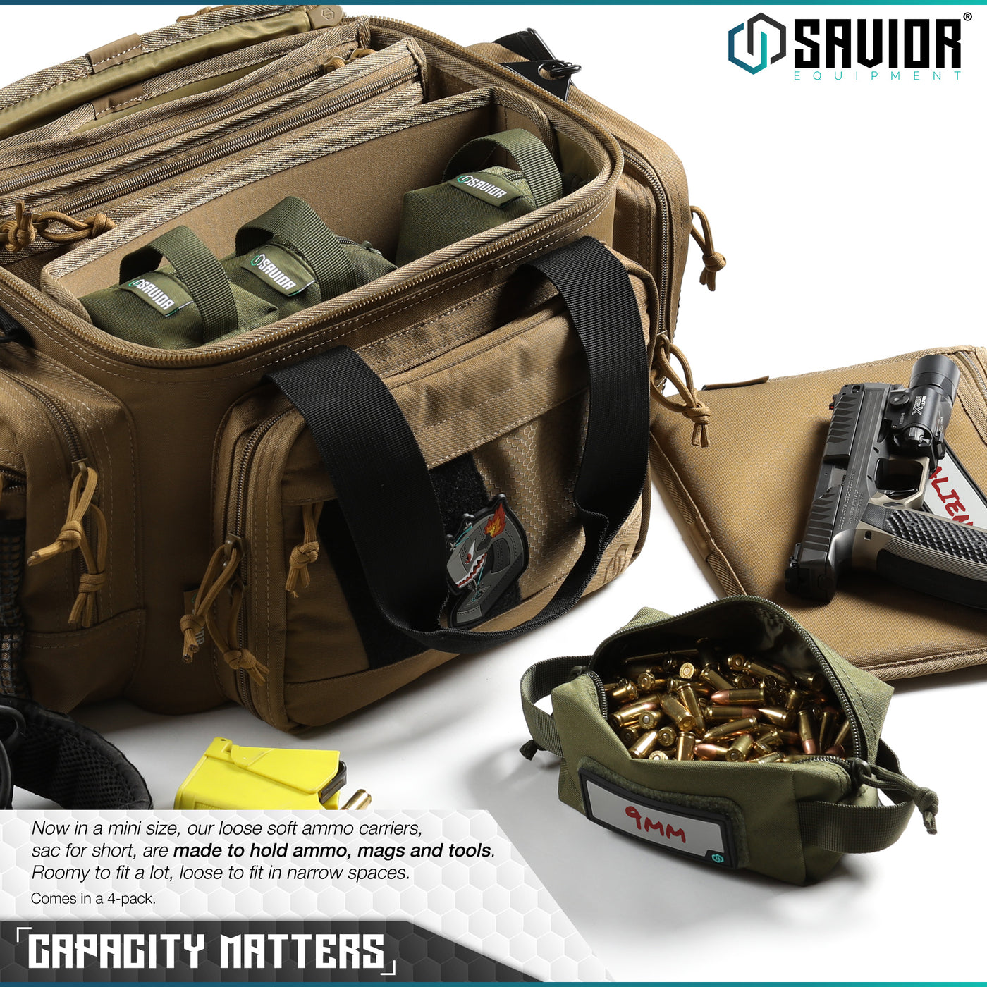 Capacity Matters - Now in a mini size, our loose soft ammo carriers, sac for short, are made to hold ammo, mags and tools. Roomy to fit a lot, loose to fit in narrow spaces. Comes in a 4 pack.