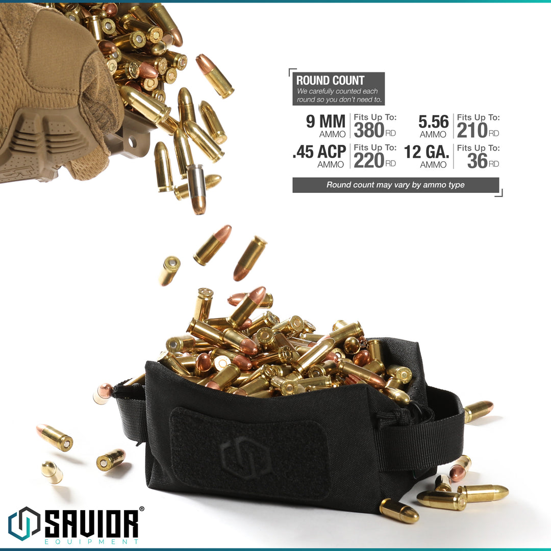 Round Count - We carefully counted each round so you don?€?t need to. 9MM fits up to 380 round. .45ACP fits up to 220 round. 5.56 fits up to 210 round. 12 Ga. fits up to 36 round. **Round count may vary by ammo type**