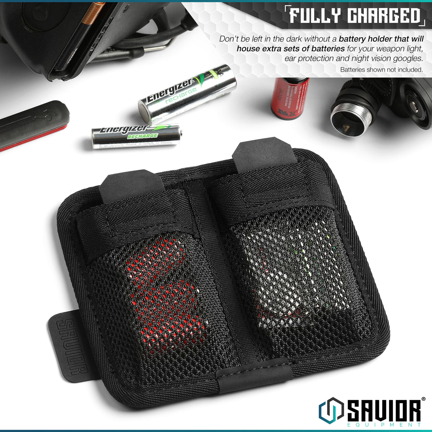 Fully Charged - Don’t be left in the dark without a battery holder that will house extra sets of batteries for your weapon light, ear protection and night vision googles. Batteries shown not included.