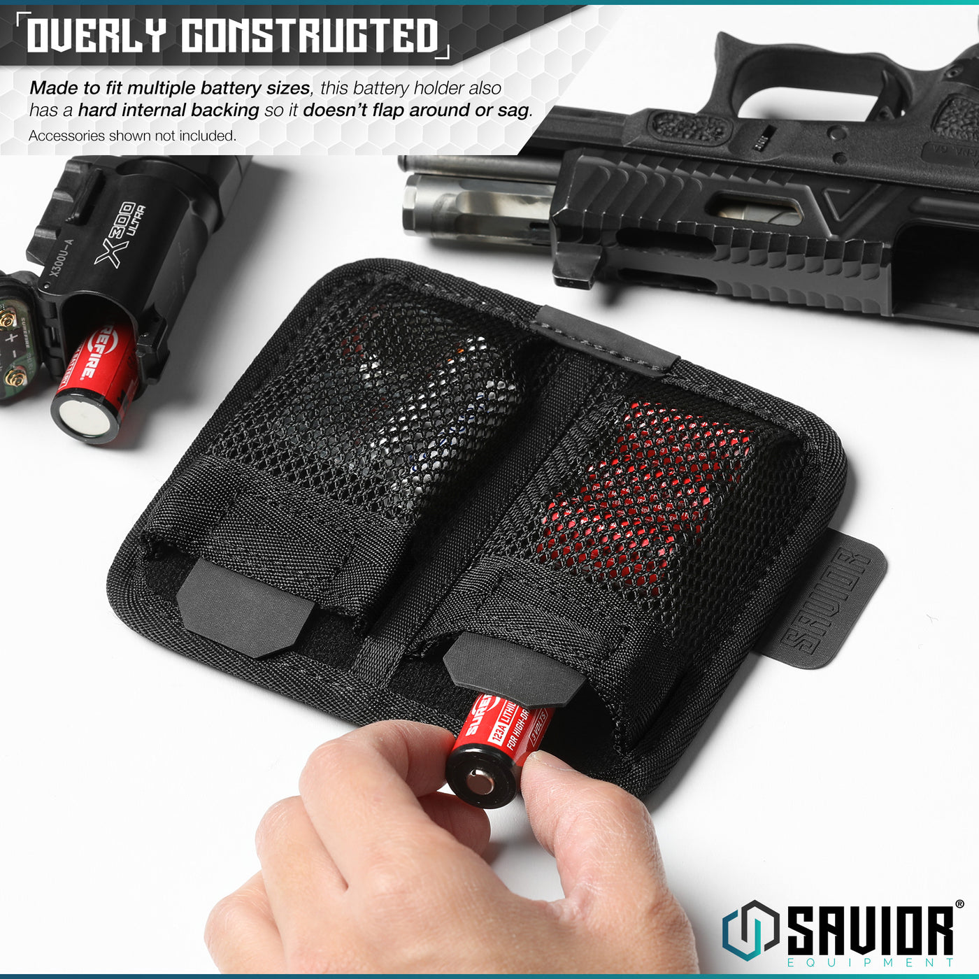 Overly Constructed - Made to fit multiple battery sizes, this battery holder also has a hard internal backing so it doesn’t flap around or sag. Accessories shown not included.